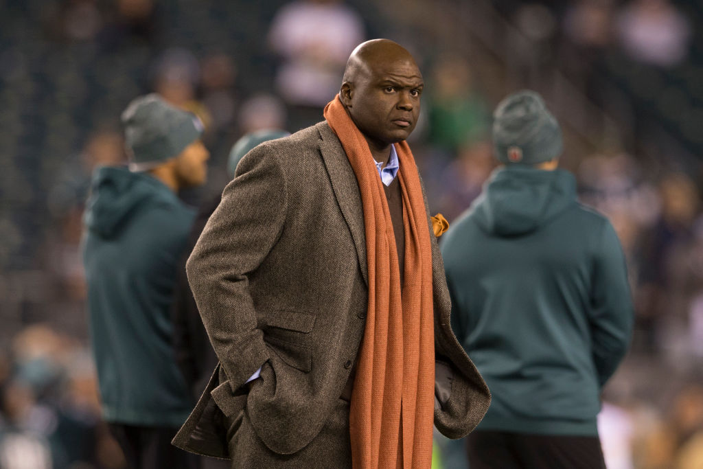 Broadcaster Booger McFarland works on ESPN's Monday Night Football broadcast.