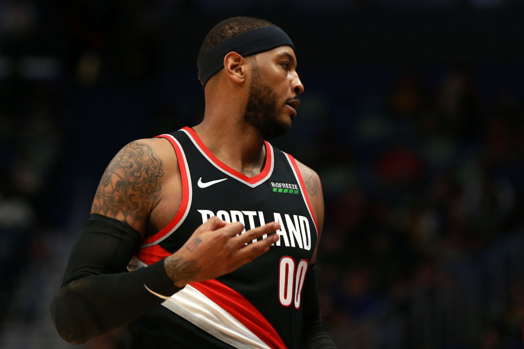 Carmelo Anthony of the Portland Trail Blazers looks on in the first