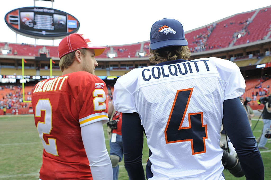 Denver Broncos punter Britton Colquitt and his brother Kansas City Chiefs punter Dustin Colquitt after a game