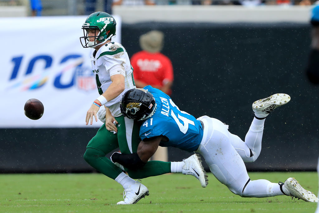 Josh Allen forces a fumble while sacking Sam Darnold