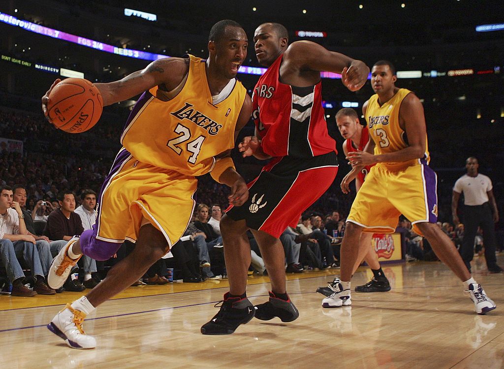 Kobe Bryant of the Los Angeles Lakers drives to the basket in 2002