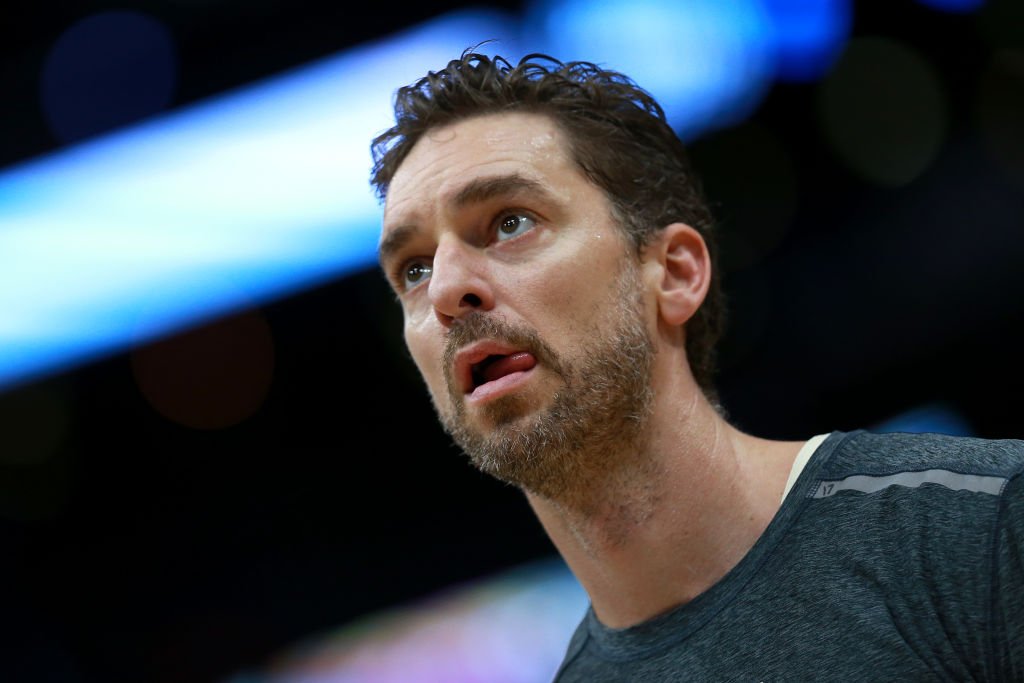 Pau Gasol of the Milwaukee Bucks stands on the court during the warms ups