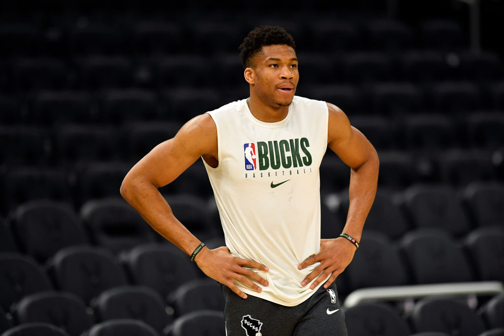 Giannis Antetokounmpo of the Milwaukee Bucks warms up before the game