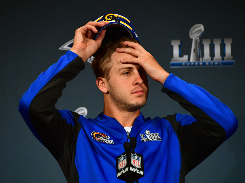Jared Goff at a Super Bowl press conference