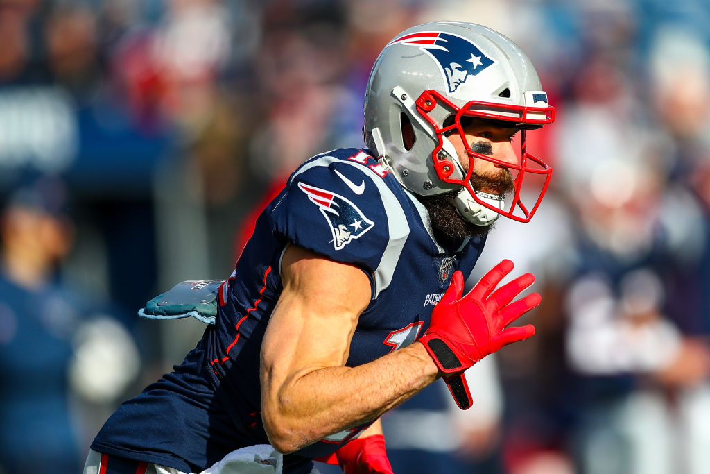 Julian Edelman of the New England Patriots warms up
