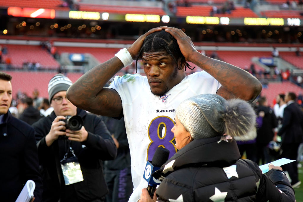 Lamar Jackson of the Baltimore Ravens is interviewed after the game