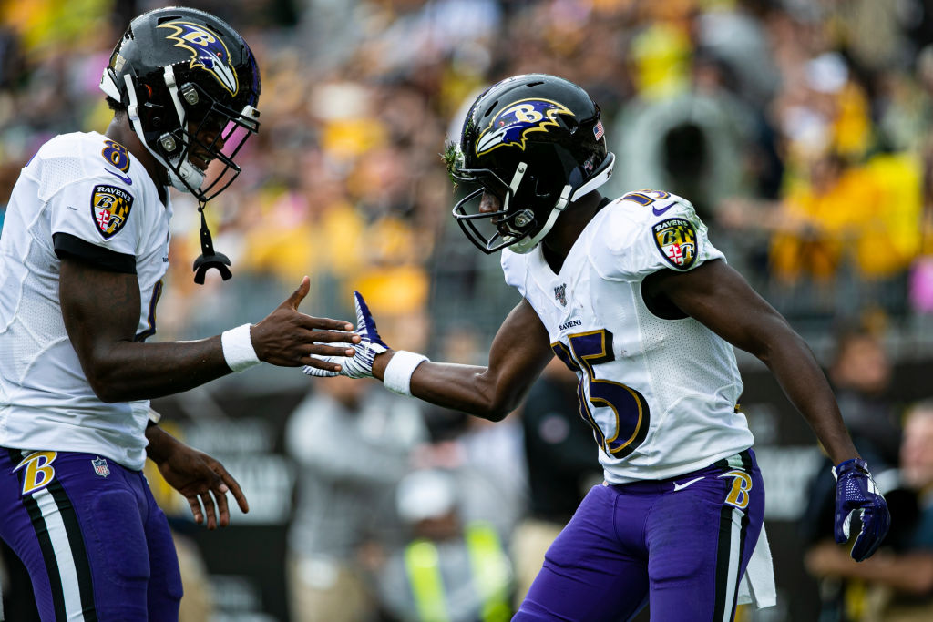 Lamar Jackson and Marquise Brown celebrating after a touchdown