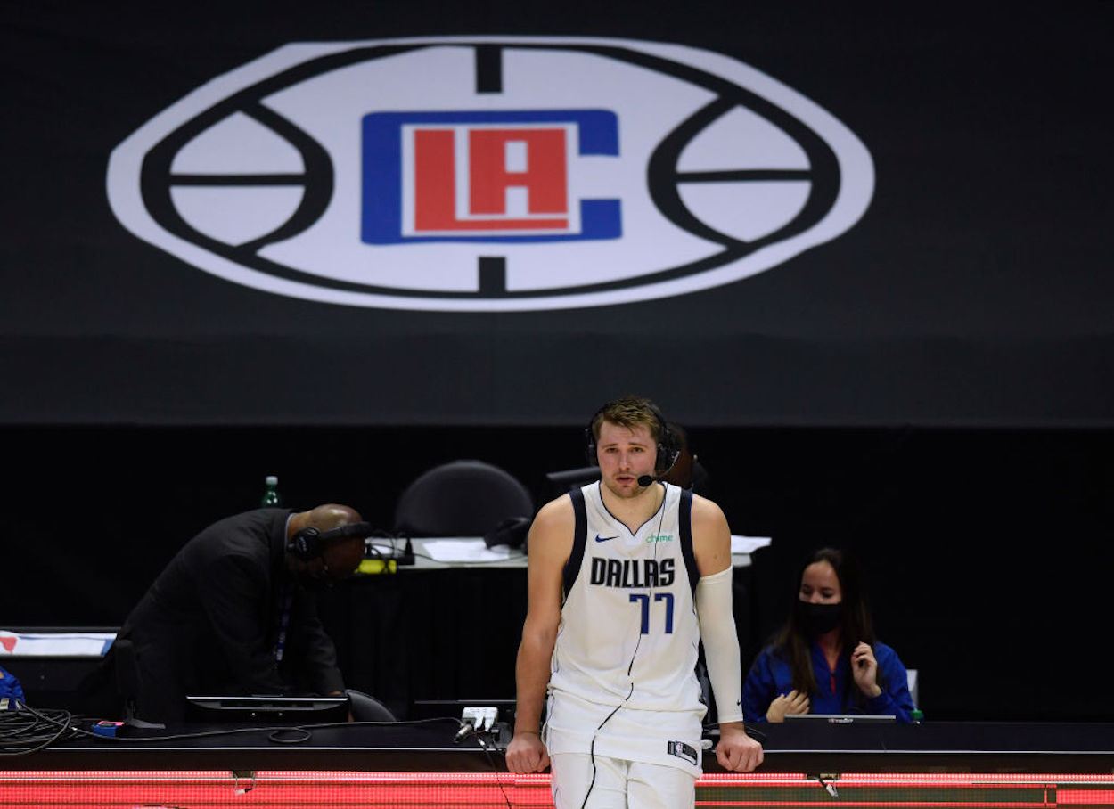 Luka Doncic does an on-court interview after a 2021 win over the Clippers.