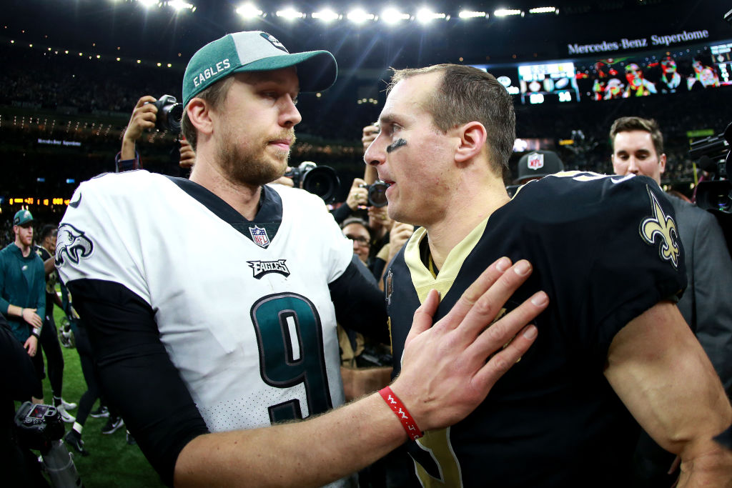 Nick Foles of the Philadelphia Eagles congratulates Drew Brees of the New Orleans Saints