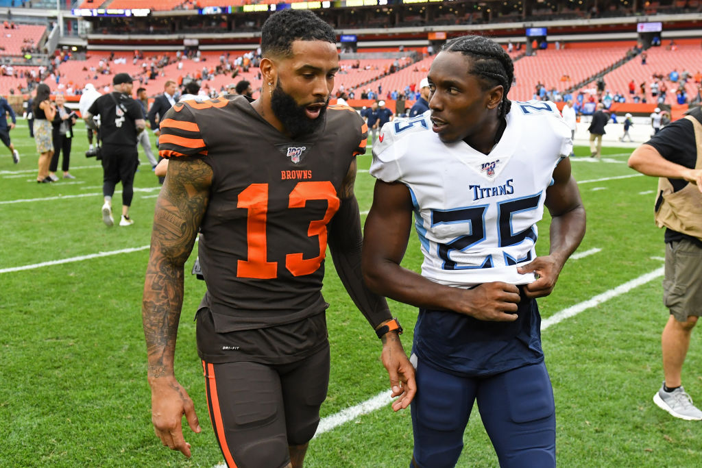 Wide receiver Odell Beckham Jr. of the Cleveland Browns talks with cornerback Adoree' Jackson of the Tennessee Titans