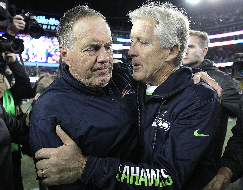 Bill Belichick of the New England Patriots congratulates Pete Carroll of the Seattle Seahawks after Super Bowl XLIX