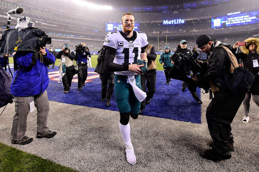 Carson Wentz of the Philadelphia Eagles walks off the field