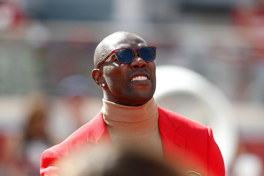 Former San Francisco 49ers player Terrell Owens looks on during his 49ers Hall of Fame induction ceremony in 2019
