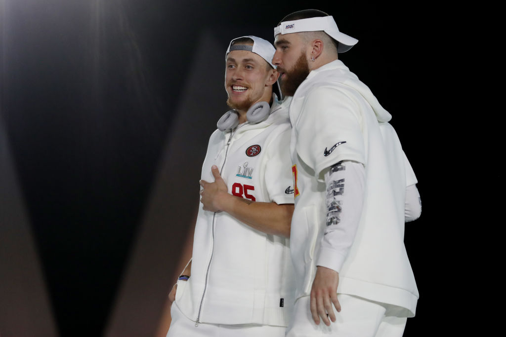 Tight end George Kittle of the 49ers and tight end Travis Kelce of the Chiefs take part in Super Bowl Opening Night