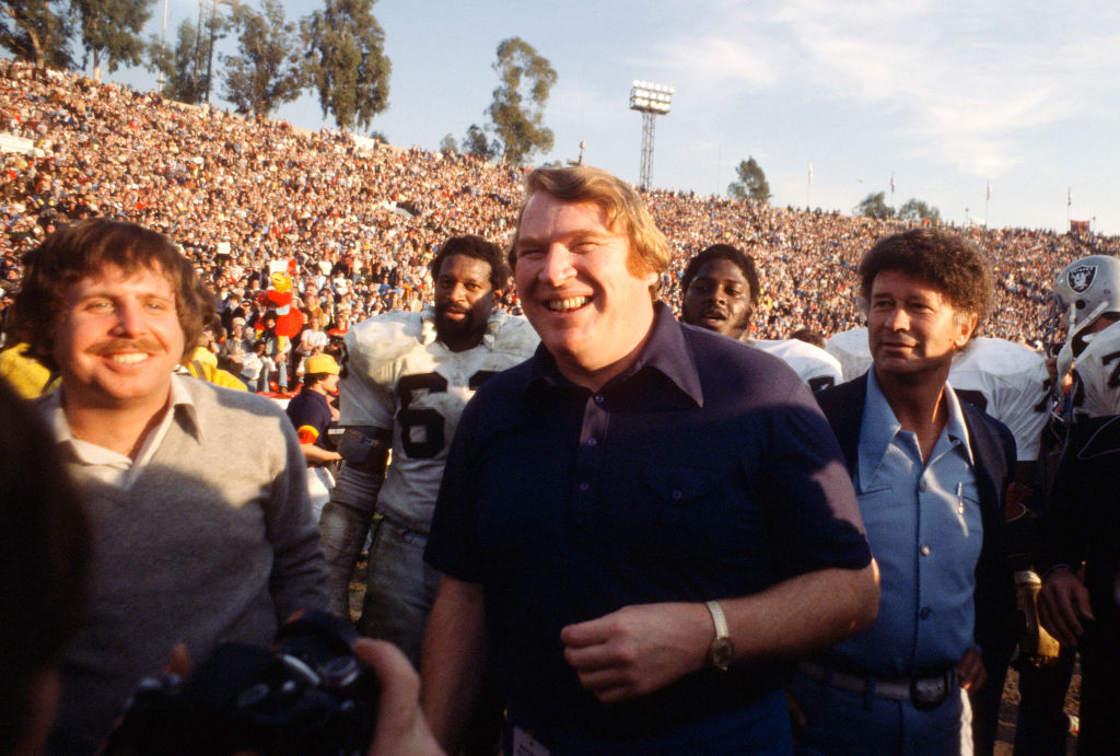 Head Coach John Madden of the Oakland Raiders celebrates after they defeated the Minnesota Vikings in Super Bowl XI in 1977