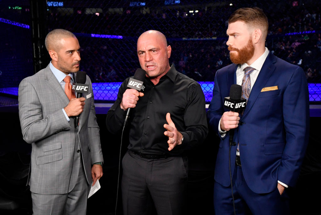 (L-R) Jon Anik, Joe Rogan, and Paul Felder anchor the broadcast for the UFC 246 event in Las Vegas, Nevada.