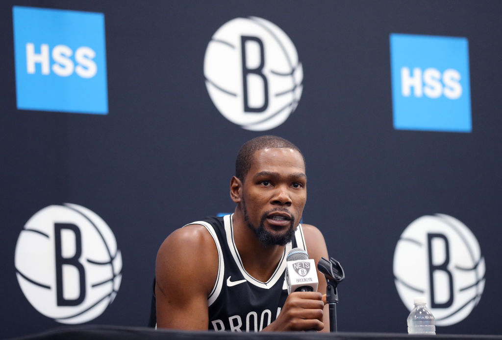 Kevin Durant of the Brooklyn Nets speaks to media