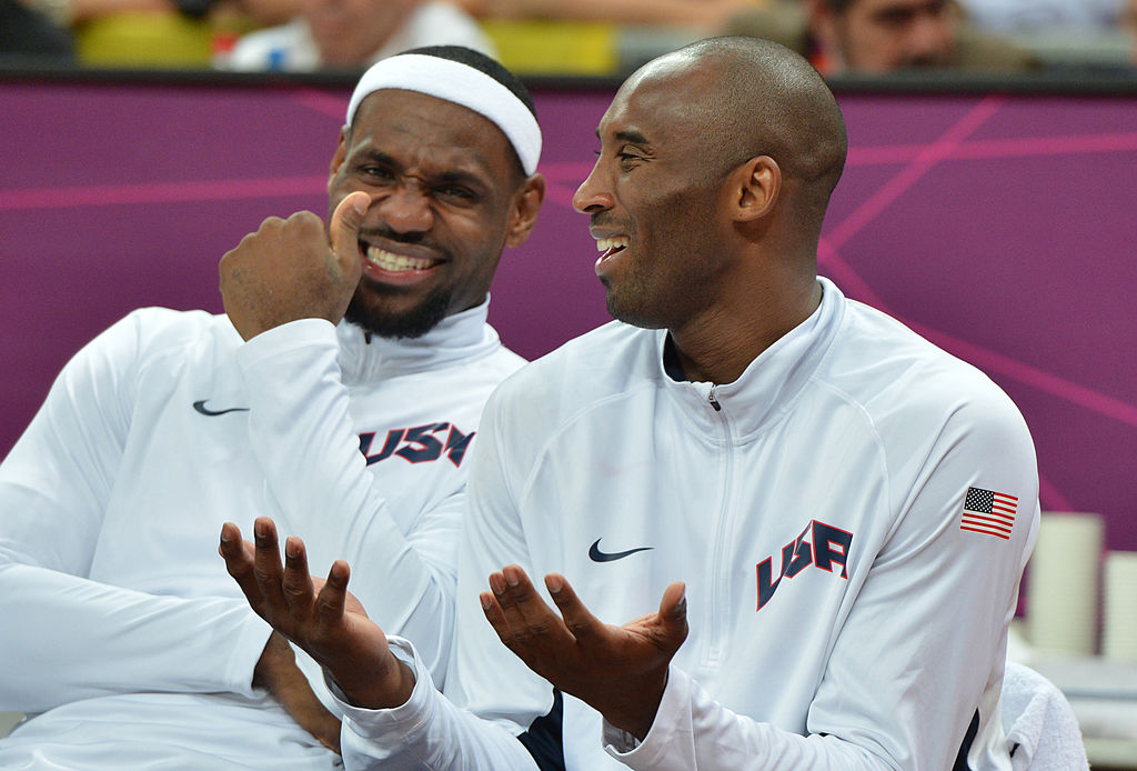 U.S. forward LeBron James (L) chat with guard Kobe Bryant during the 2012 Olympic Games