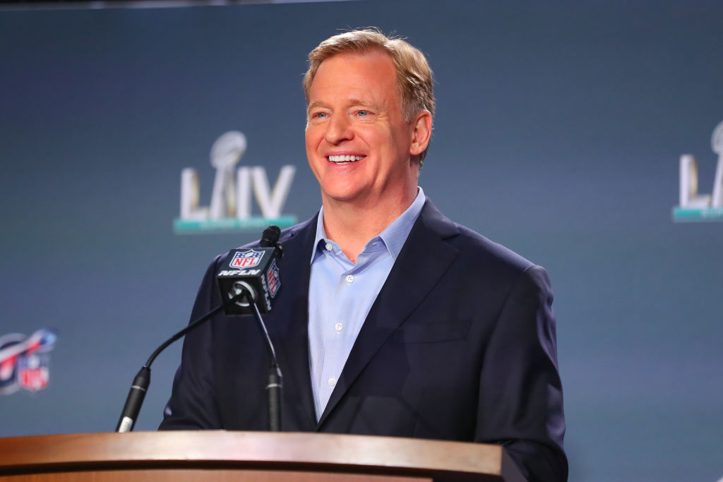 Commissioner Roger Goodell speaks during a press conference in 2020