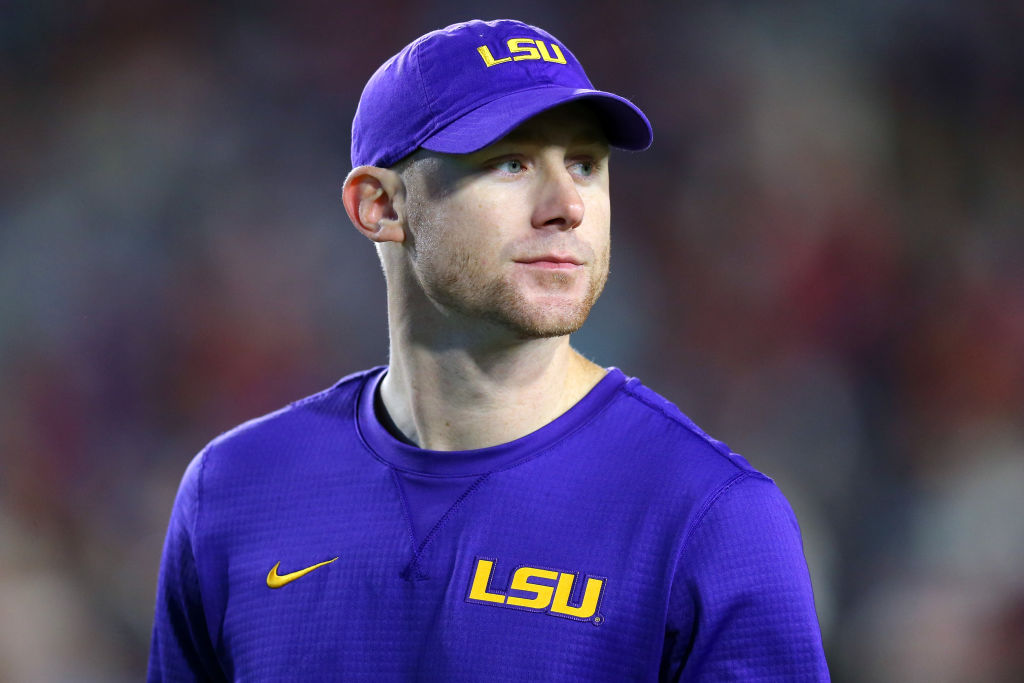 Passing coordinator Joe Brady of the LSU Tigers during a game in 2019