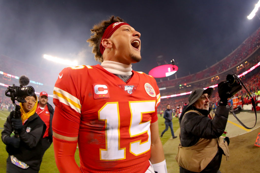 Patrick Mahomes of the Kansas City Chiefs celebrates his team's win