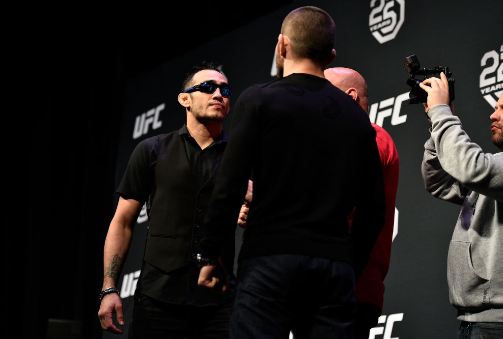 Opponents Tony Ferguson and Khabib Nurmagomedov face off during the UFC press conference
