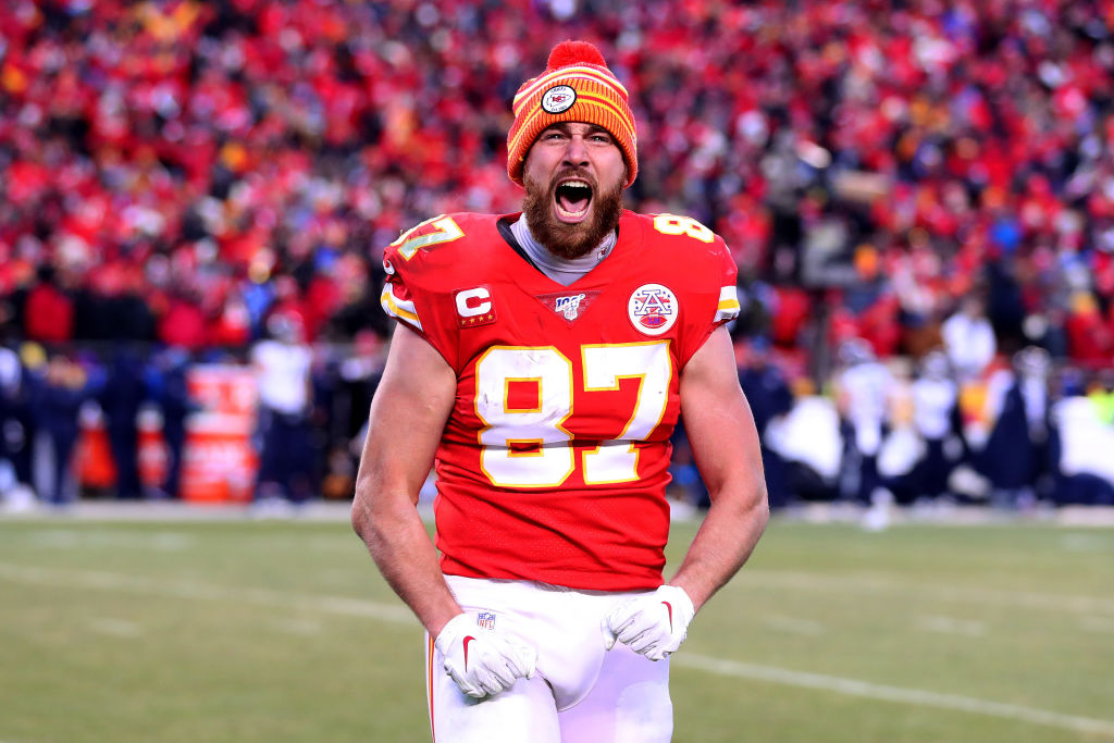 Travis Kelce of the Kansas City Chiefs reacts late in a game