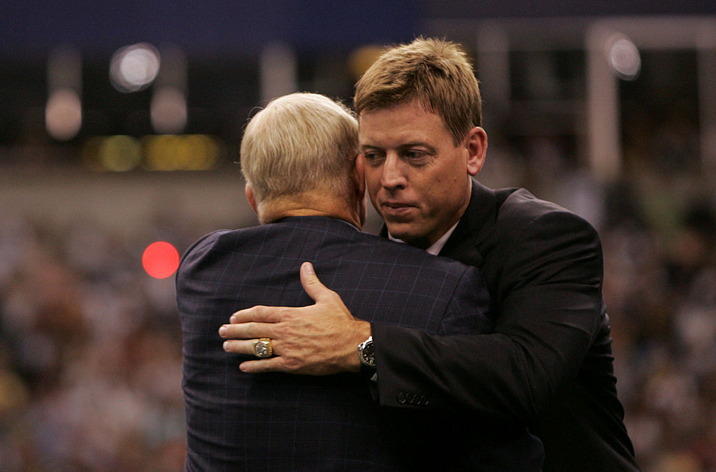 Troy Aikman, former Dallas Cowboys Quaterback, hugs Jerry Jones, Cowboys Team owner