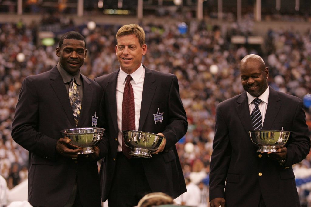 (L-R) Michael Irvin, Troy Aikman, and Emmitt Smith at the Ring of Honor ceremony during halftime of a Dallas Cowboys game