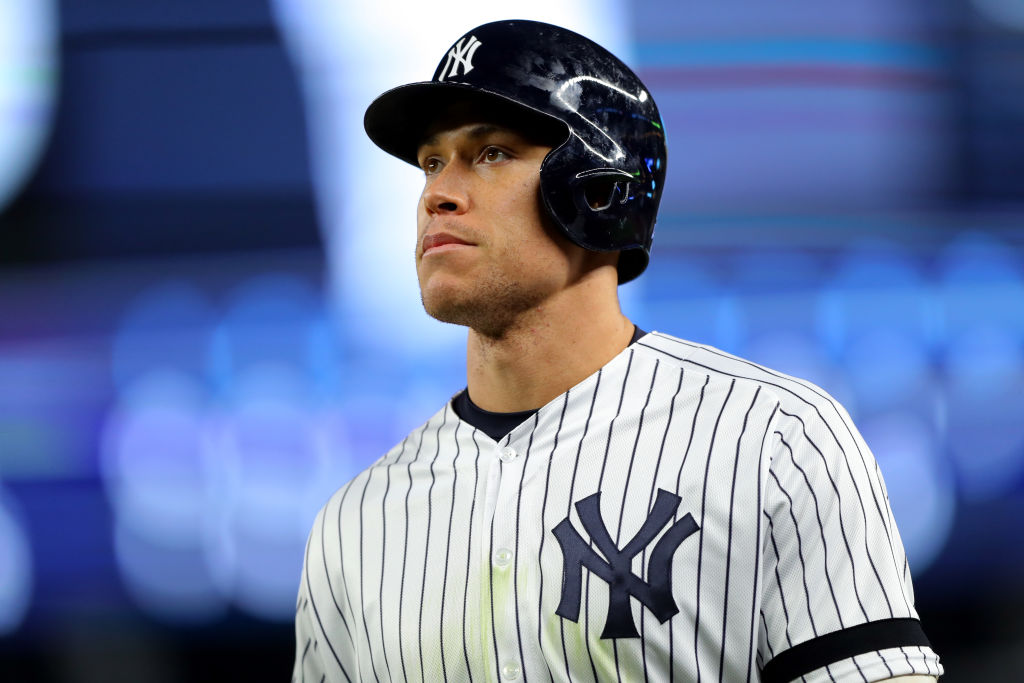 Aaron Judge of the New York Yankees looks on during Game 4 of the ALCS