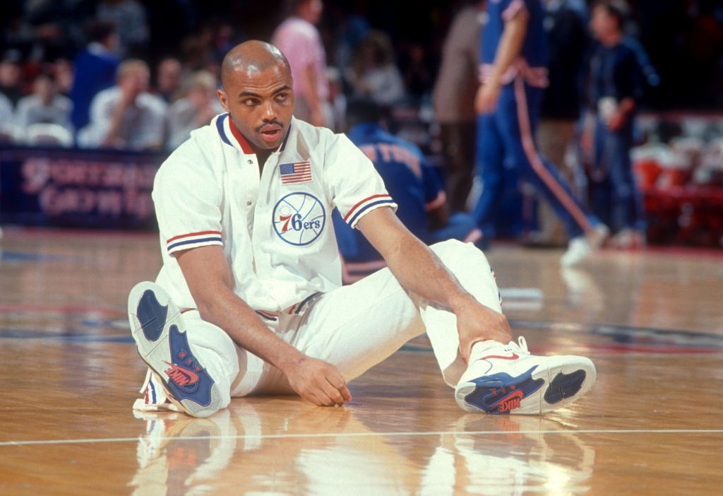 Charles Barkley stretching before a 76ers game