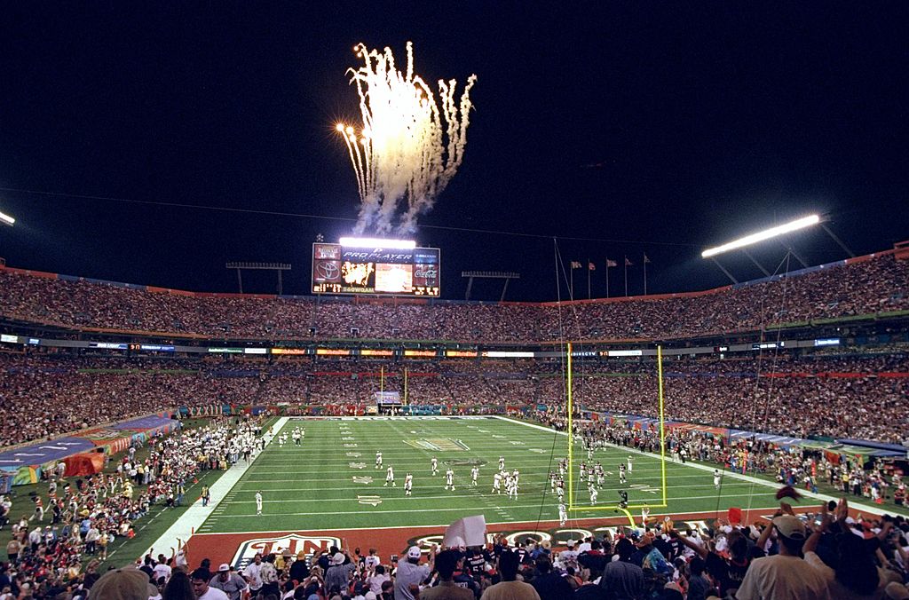 A shot of a Miami stadium hosting the Super Bowl
