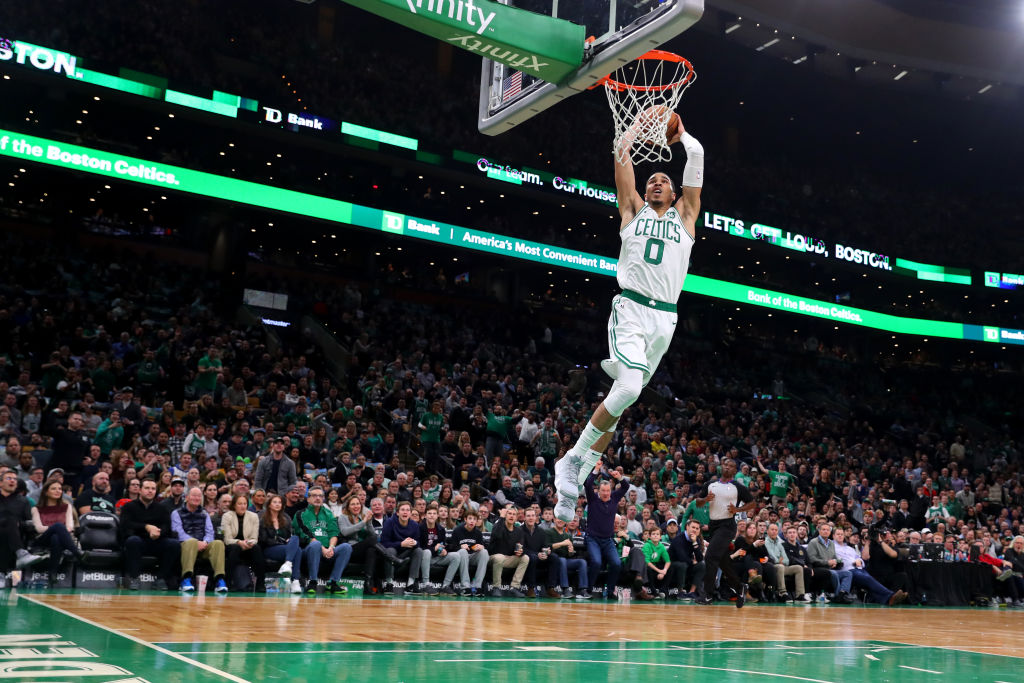 Jayson Tatum about to get a fast-break dunk