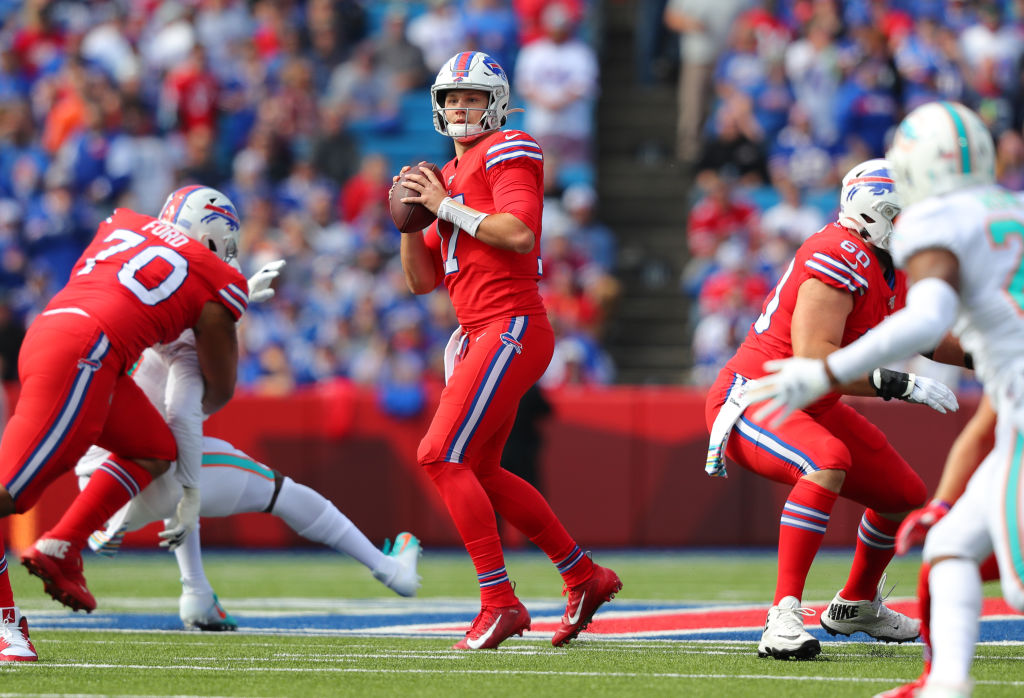 Josh Allen of the Buffalo Bills looks to throw a pass on October 20, 2019