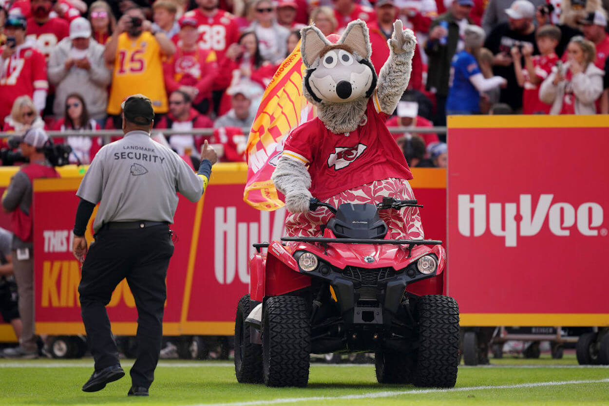 Mascot K.C. Wolf drives onto the field ahead of a Kansas City Chiefs game.