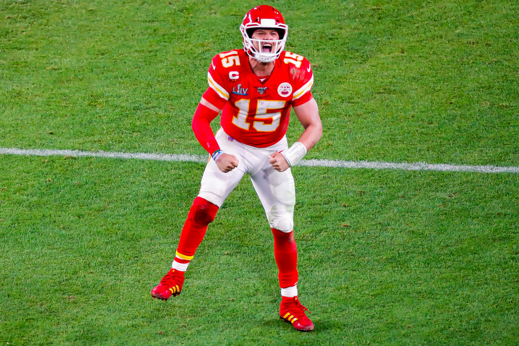 Kansas City Chiefs quarterback Patrick Mahomes reacts during the second half of Super Bowl LIV