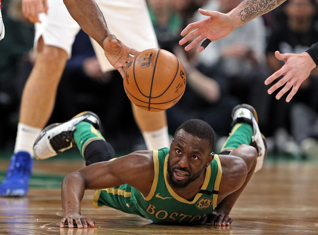 Kemba Walker of the Boston Celtics loses the ball
