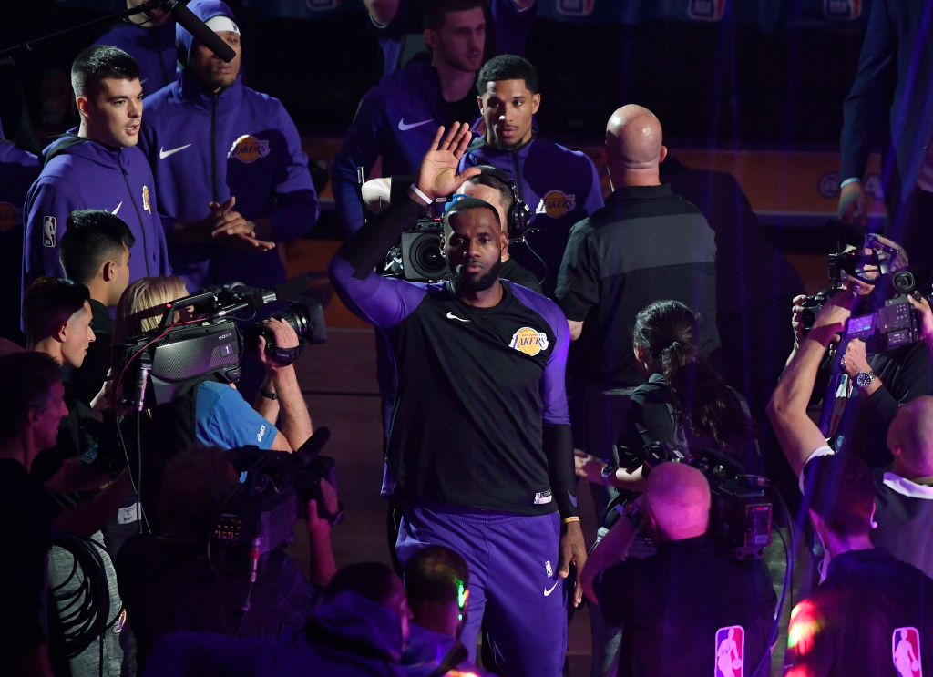 LeBron James of the Los Angeles Lakers waves to fans