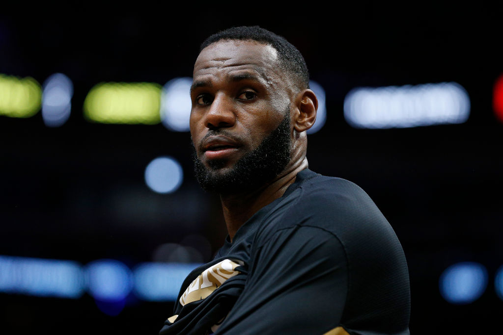 LeBron James of the Los Angeles Lakers reacts against the Miami Heat
