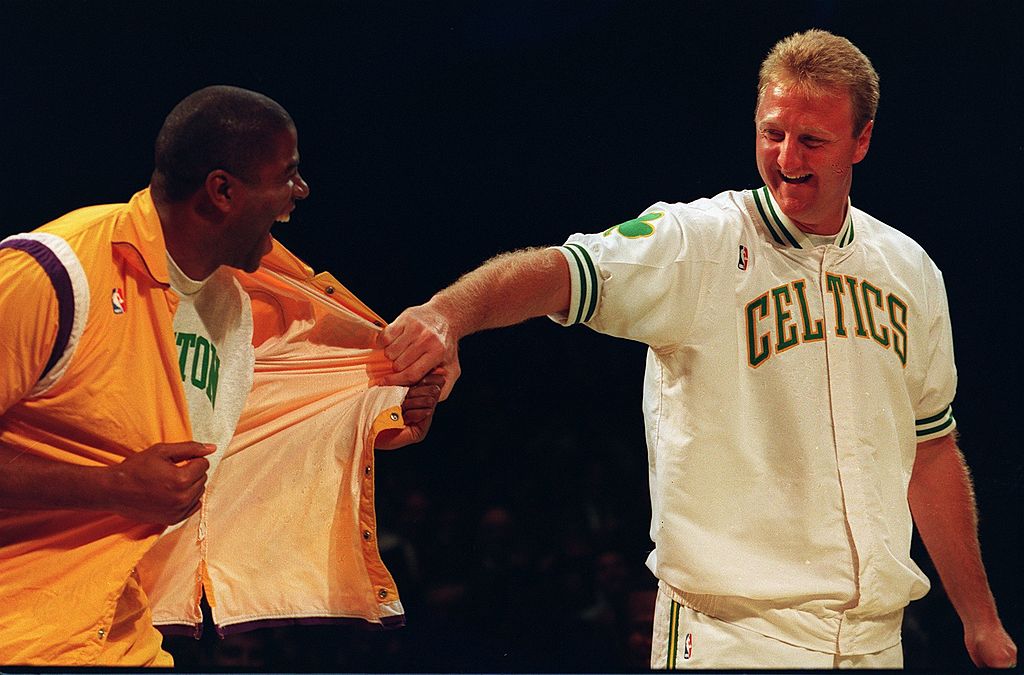 Magic Johnson And Larry Bird horsing around during warm-ups