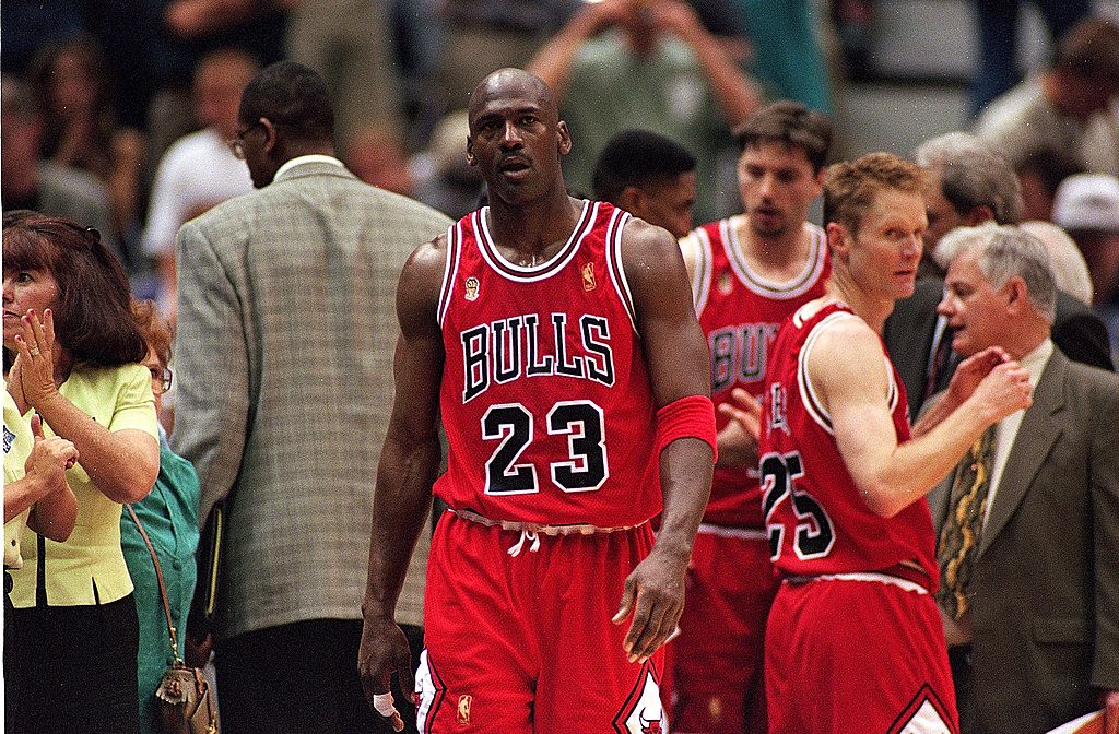 Michael Jordan of the Chicago Bulls on the court during the 1996-97 NBA Finals