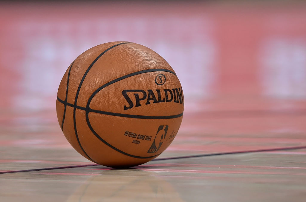 An NBA basketball on the court before a game