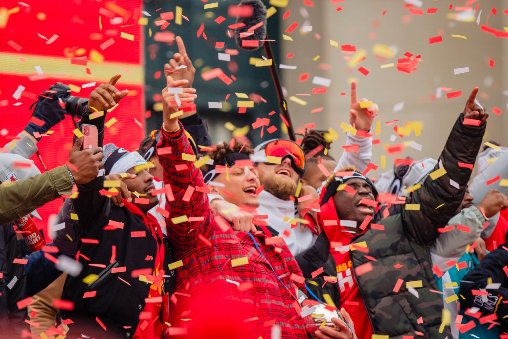 Patrick Mahomes of the Kansas City Chiefs celebrates with the Super Bowl MVP trophy
