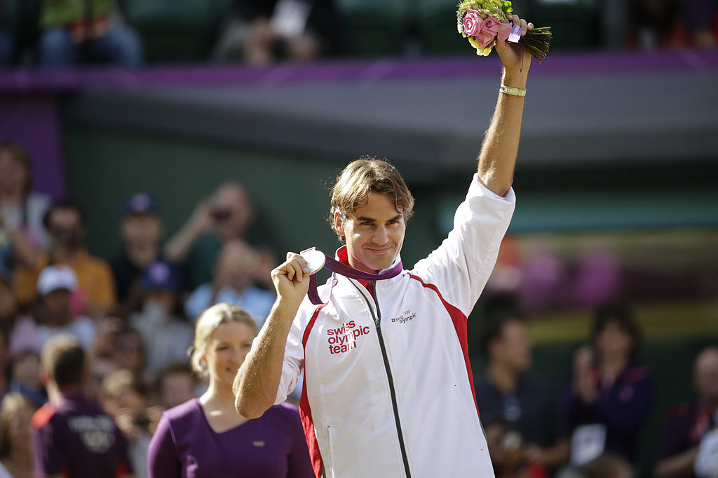 Roger Federer with the silver medal at the 2012 Summer Olympics