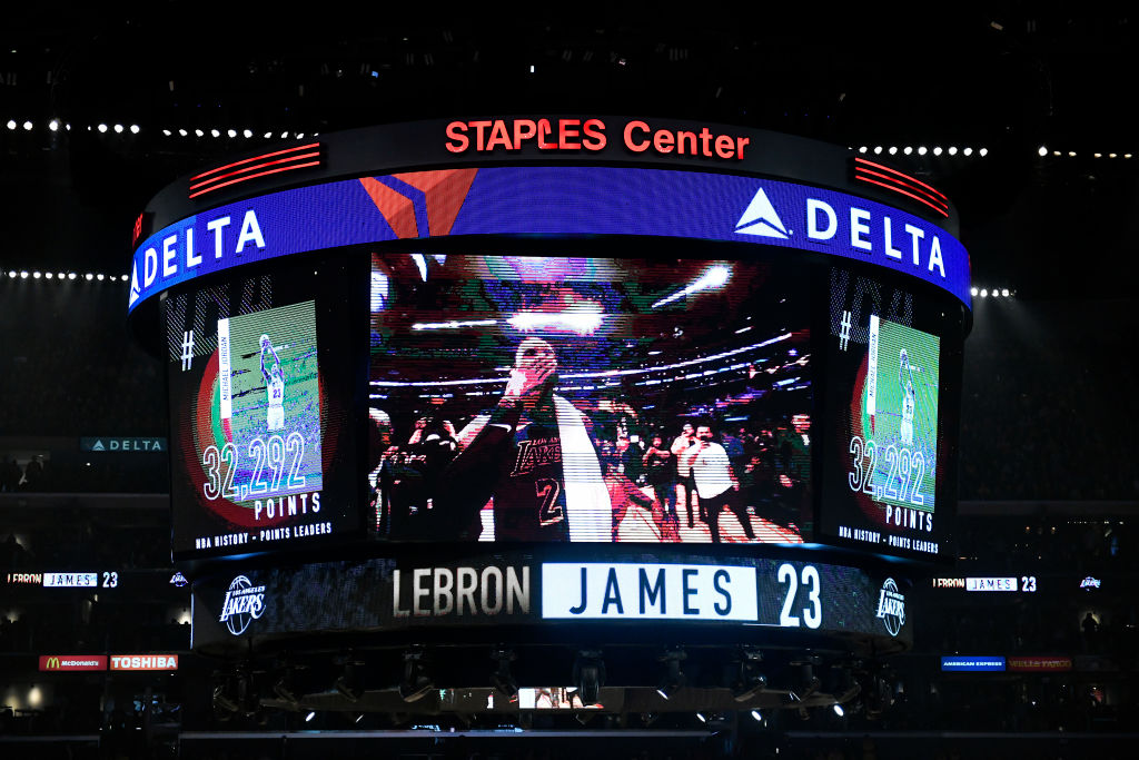 Staples Center's jumbotron after LeBron James of the Los Angeles Lakers scored to pass Michael Jordan on the NBA's all-time scoring list