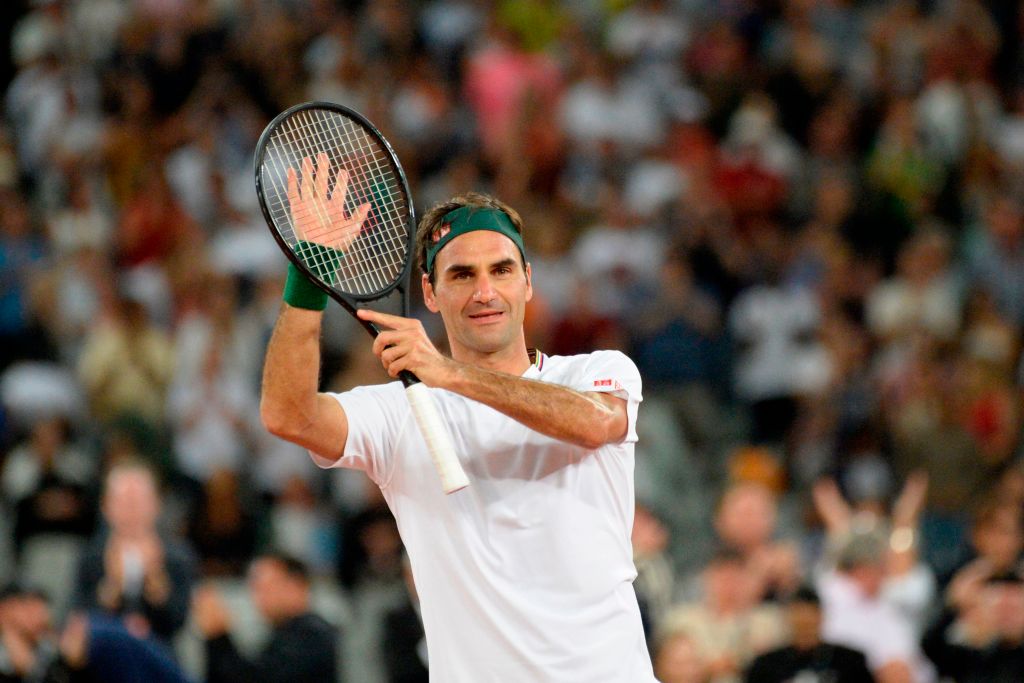 Switzerland's Roger Federer reacts after his victory against Spain's Rafael Nadal at The Match in Africa in 2020.