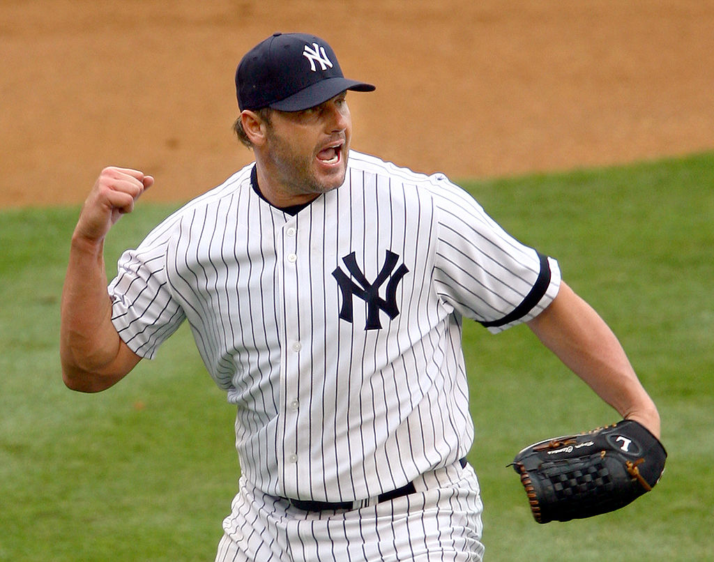 Roger Clemens fist pumps after getting a runner out