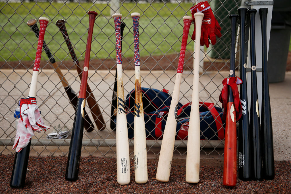 Boston Red Sox bats during a team workout in 2020