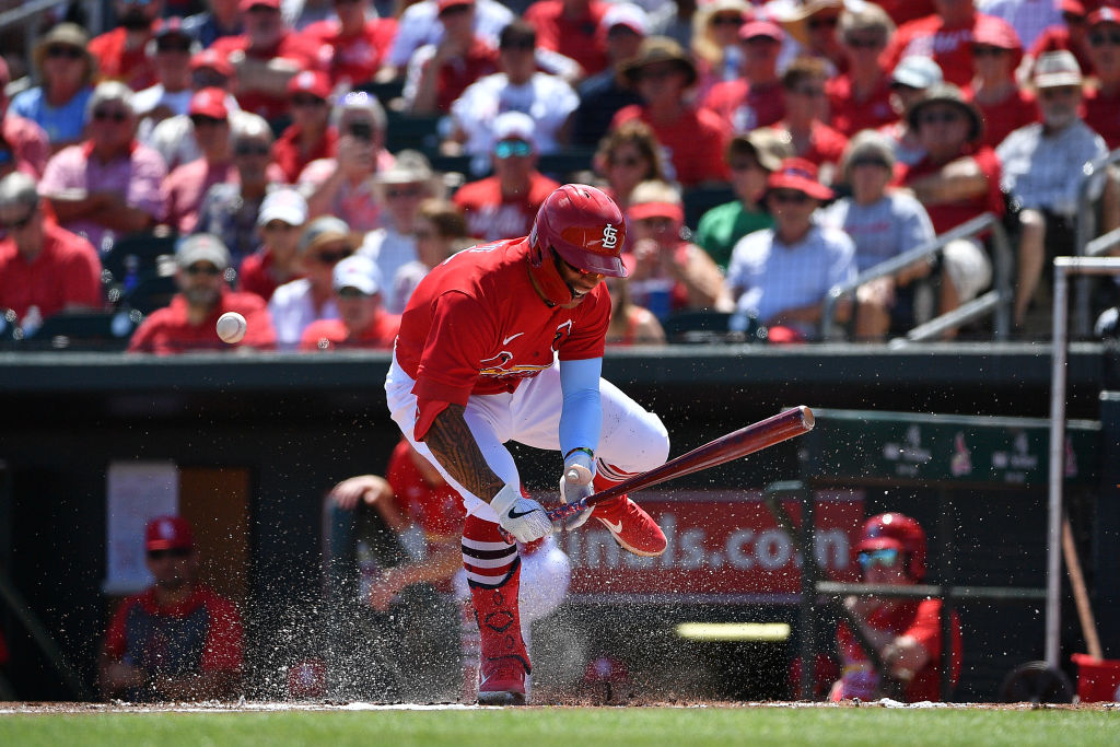 Kolten Wong of the St. Louis Cardinals gets hit by a pitch