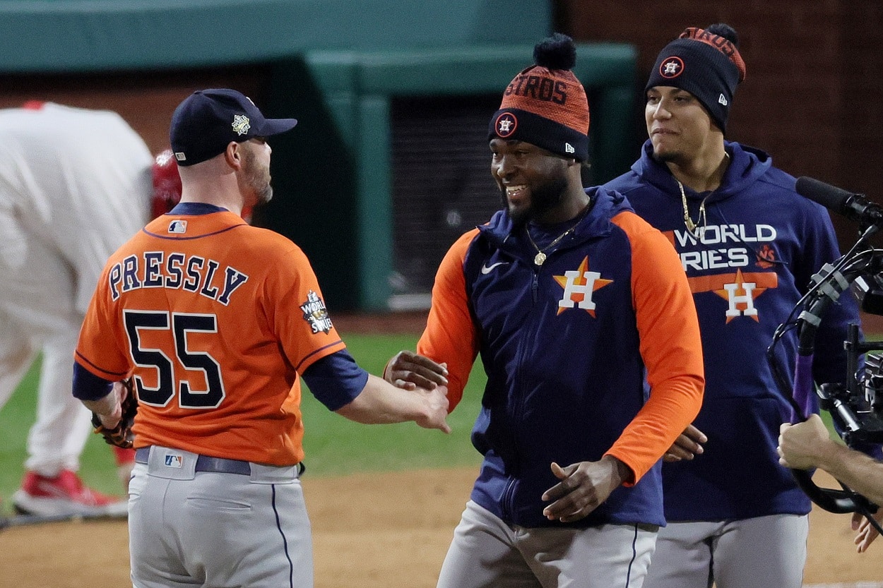 The Houston Astros celebrate their no-hitter in Game 4 of the 2022 World Series.